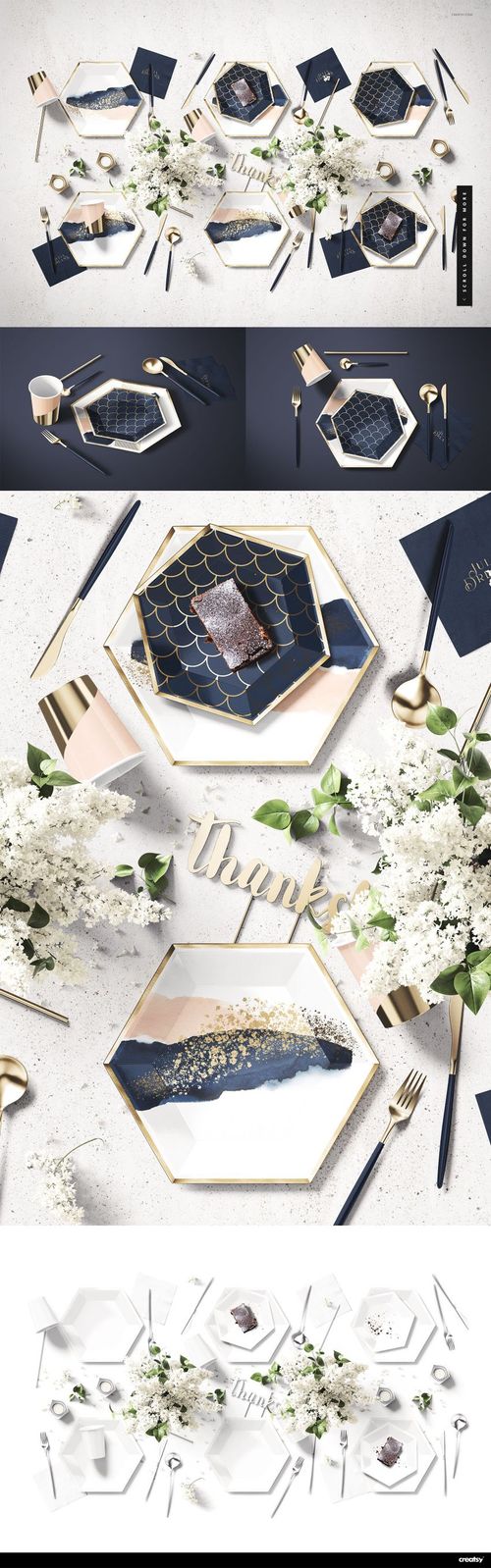 Elegant party goods mockup set with hexagonal plates, gold utensils, navy blue napkins, and white flowers on a tabletop.