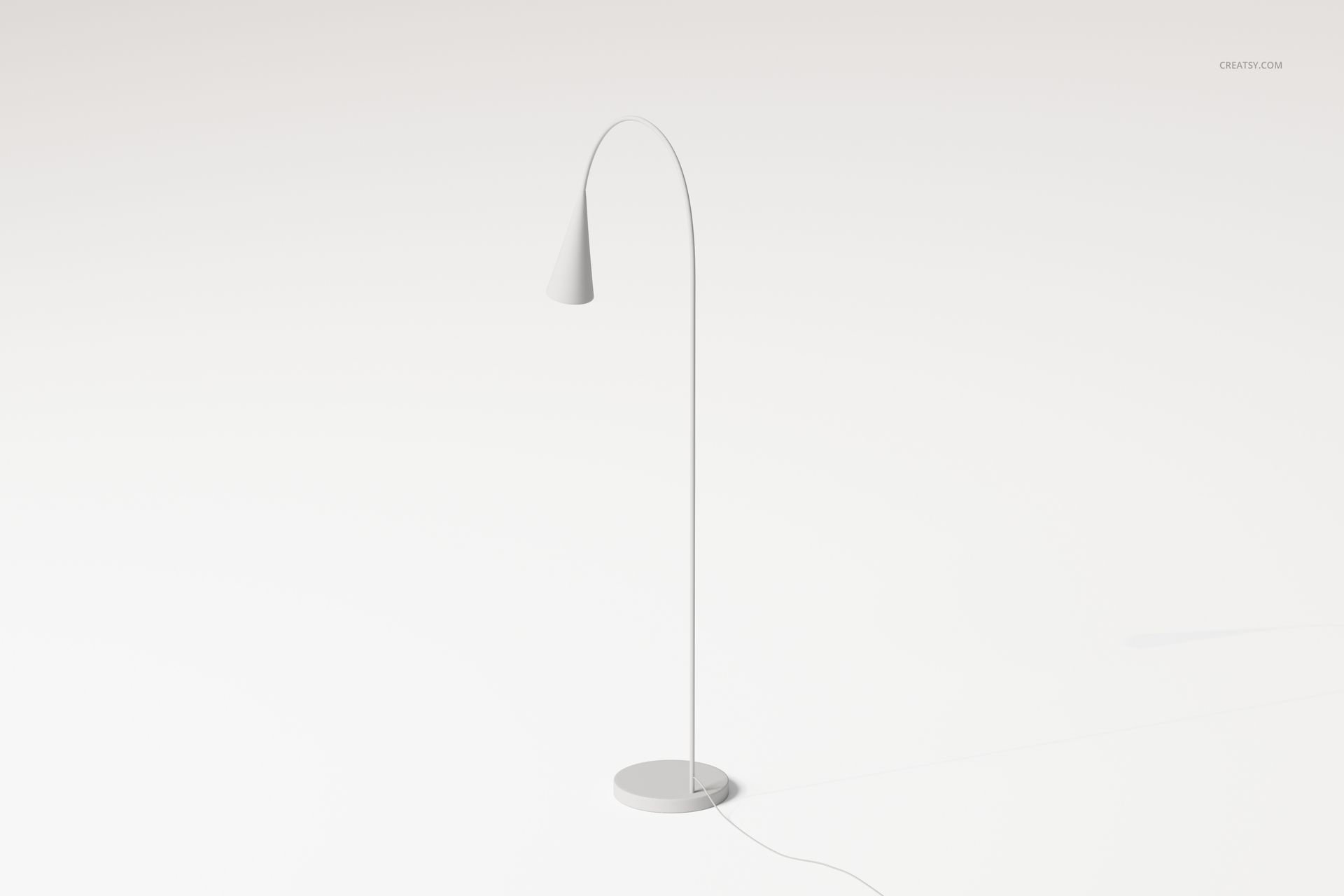 Minimalist mid-century arc floor lamp with a curved stem and cone-shaped shade on a round base, front view.