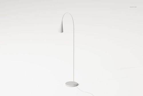 Minimalist mid-century arc floor lamp with a curved stem and cone-shaped shade on a round base, front view.