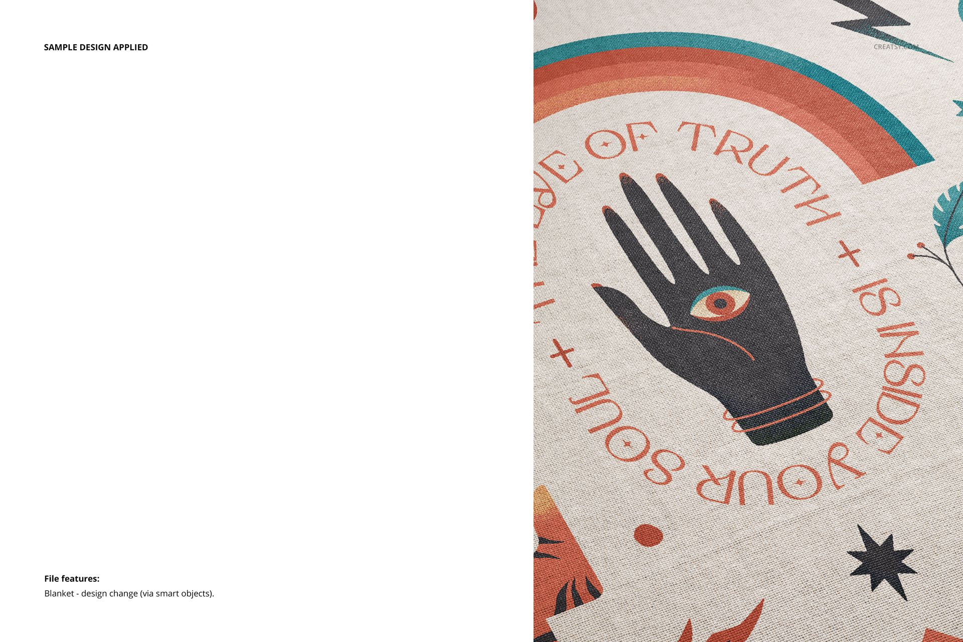 Jacquard fringed throw blanket mockup with geometric and hand illustration, displayed from a top perspective.