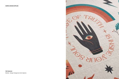 Jacquard fringed throw blanket mockup with geometric and hand illustration, displayed from a top perspective.