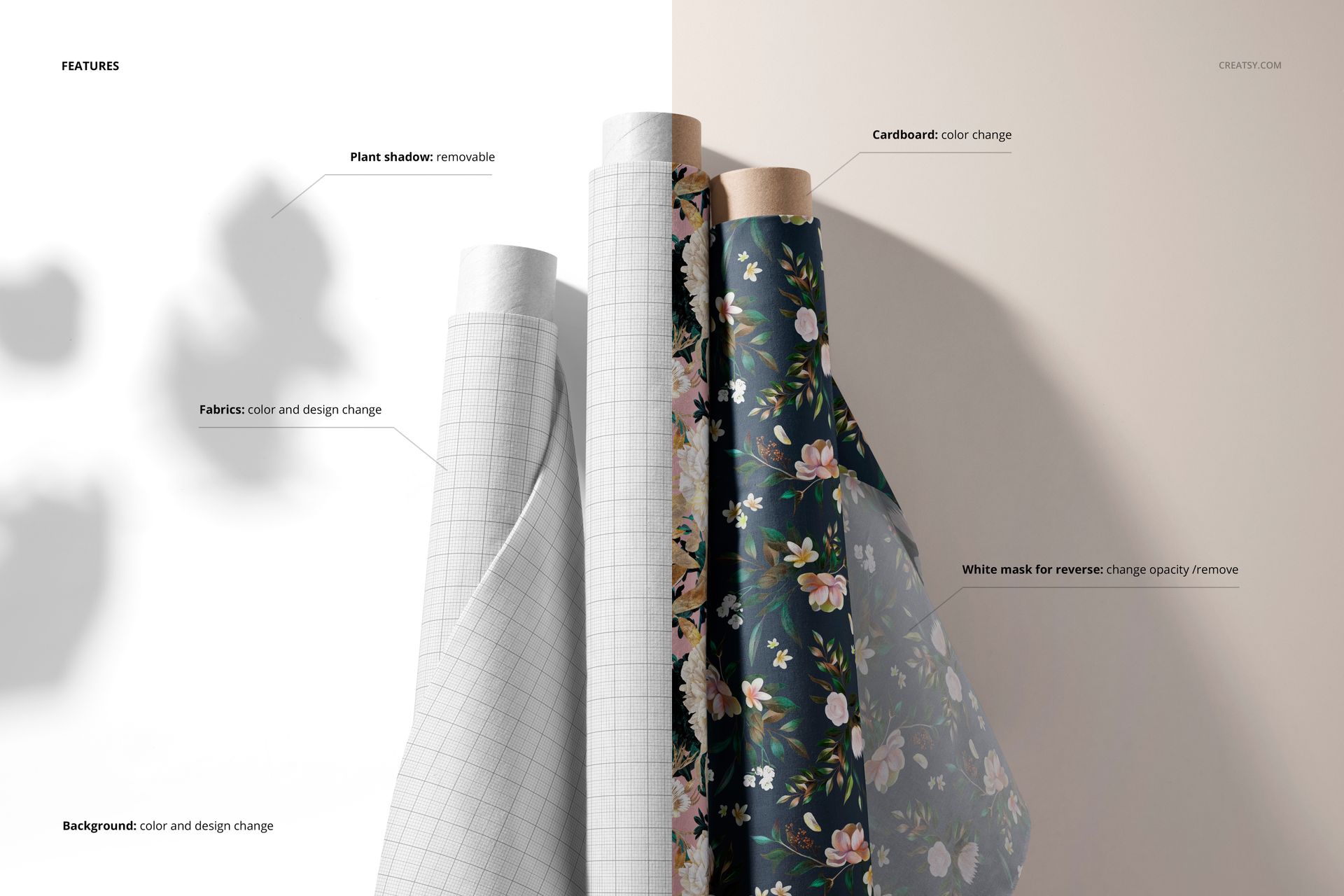 Fabric rolls mockup featuring a mix of solid white, grid, and dark floral patterns, shown from a front perspective.
