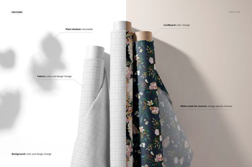 Fabric rolls mockup featuring a mix of solid white, grid, and dark floral patterns, shown from a front perspective.