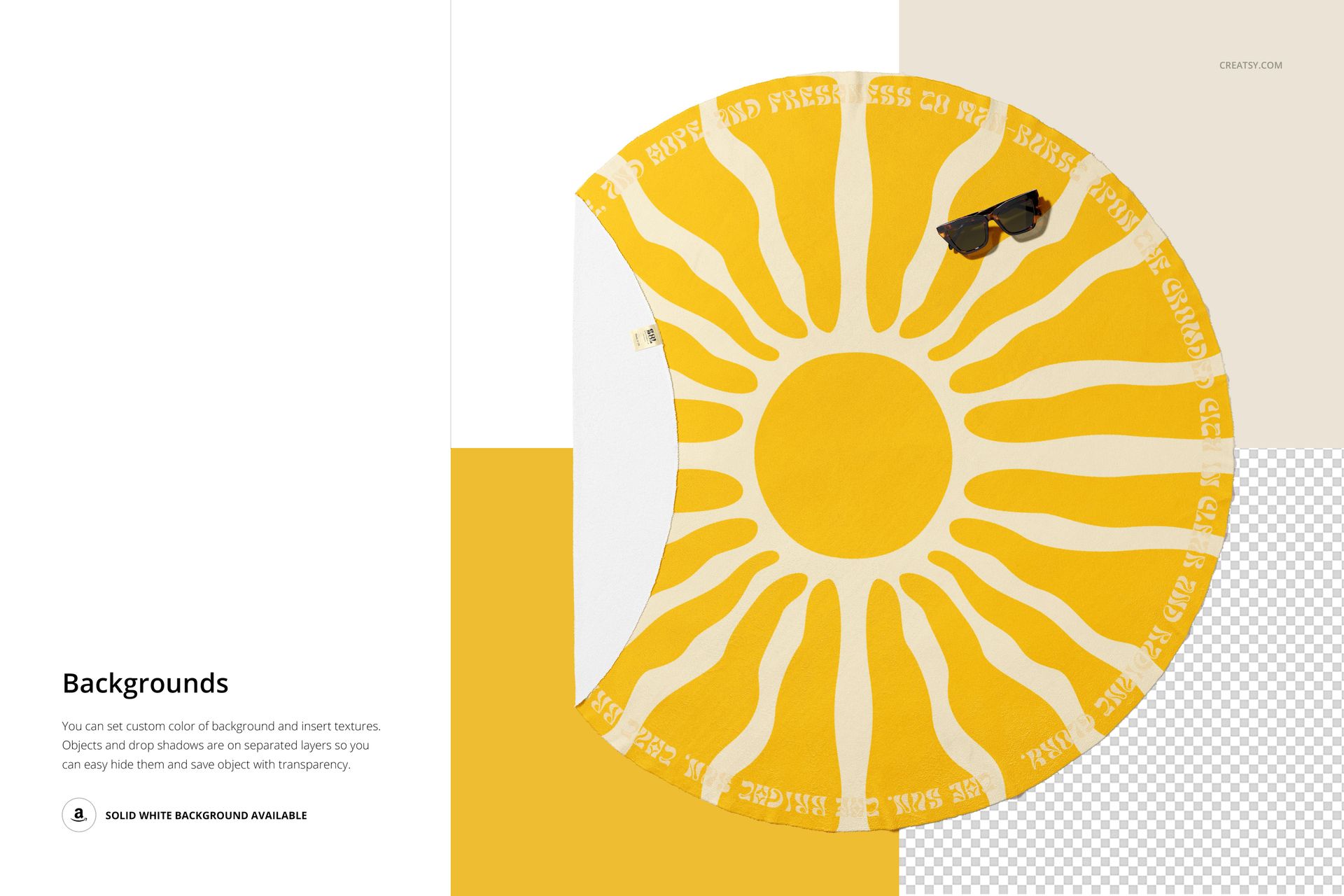 Round beach towel mockup with yellow sunburst pattern, shown from top view with sunglasses placed on edge.