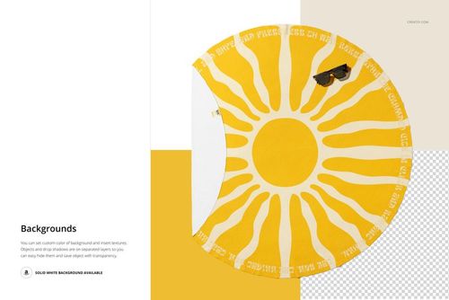 Round beach towel mockup with yellow sunburst pattern, shown from top view with sunglasses placed on edge.