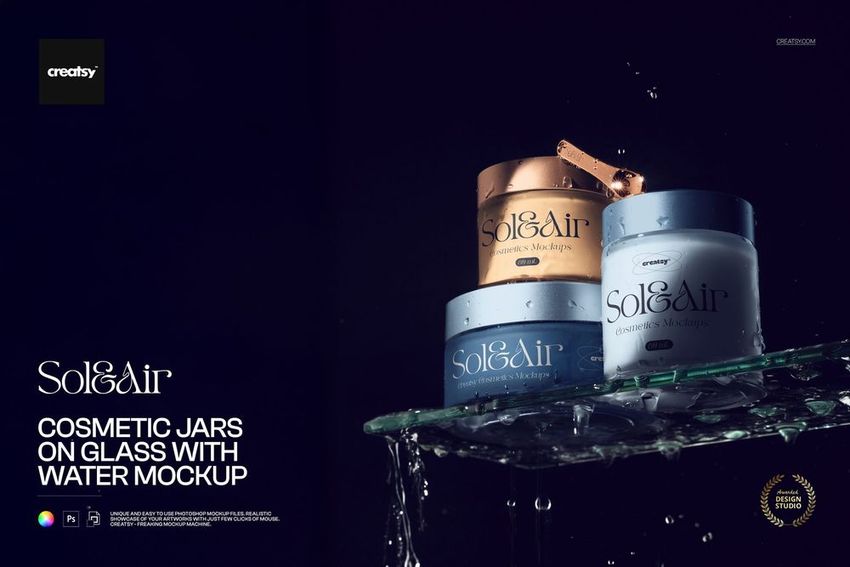 PSD mockup scene showing skincare jars on a wet glass shelf, illuminated with high-end, moody lighting effects.