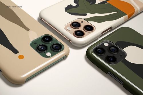 Glossy iPhone 11 Pro snap case mockup displaying abstract artwork in beige, green, and orange from a top perspective.