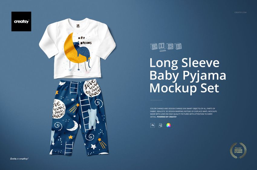 Long sleeve baby pyjama set mockup displayed on a blue background, featuring playful moon and cloud designs.
