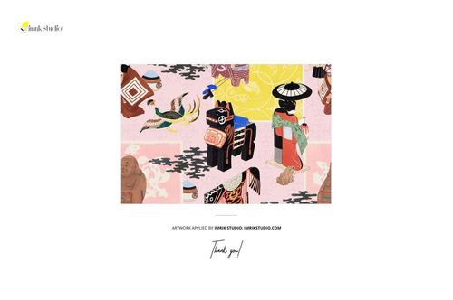 Mockup of a cotton swatch featuring Japanese-inspired artwork, shown in a decorative rock garden setting from a front view.