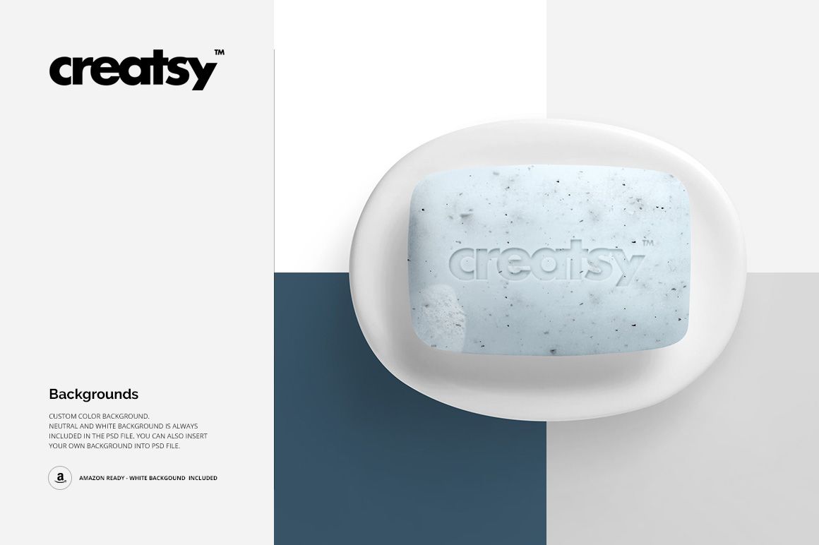 Soap mockup featuring a blue bar with grainy details on a white dish, top-down perspective, geometric backdrop.