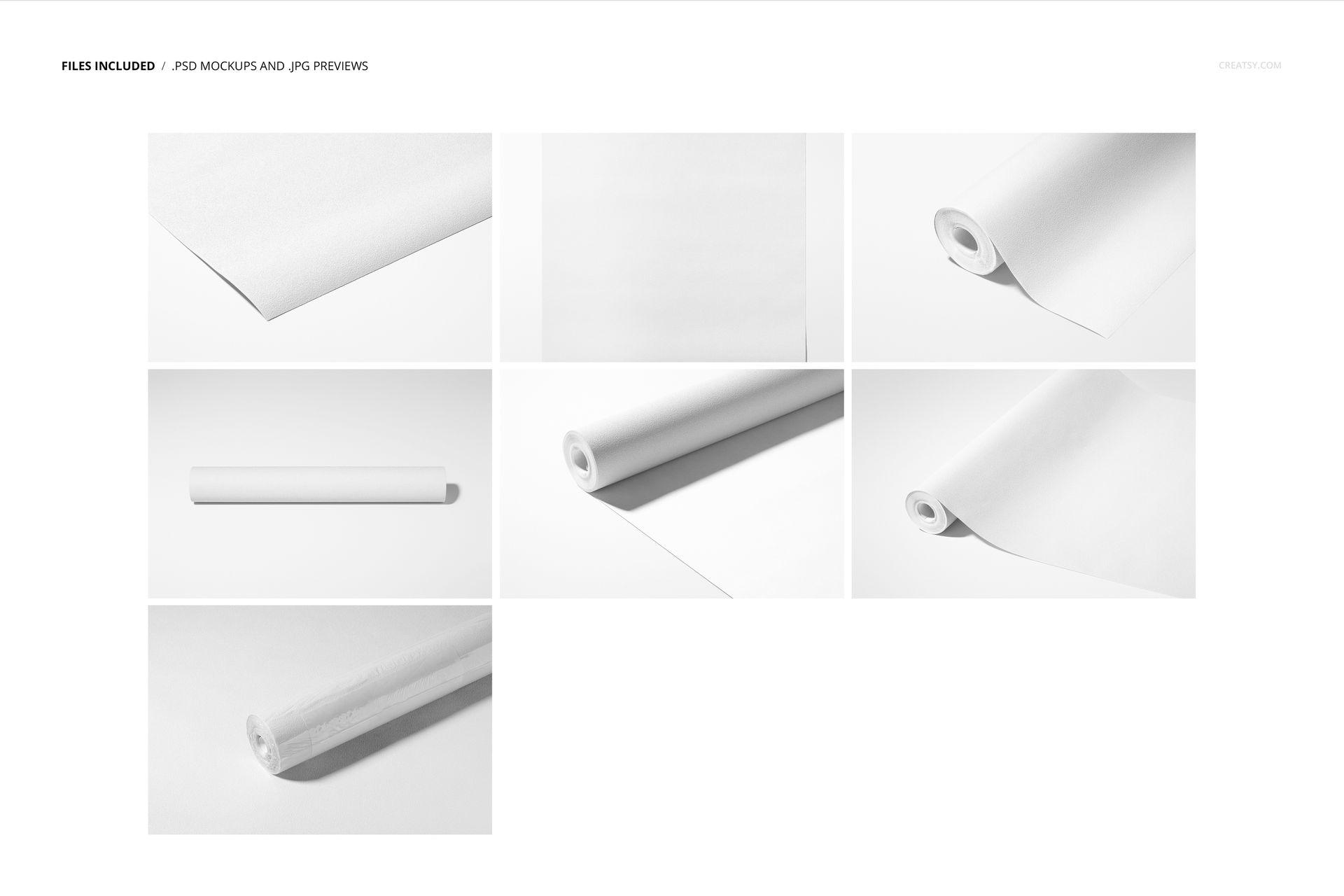 Non-woven vinyl wallpaper mockup set showing rolled and flat sheets in white, arranged on a plain background.