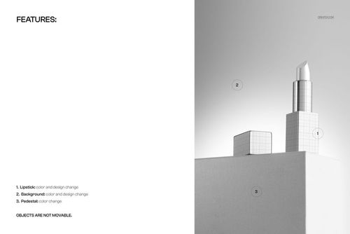 Cosmetic lipstick displayed vertically on a geometric pedestal, set against a minimalist gray background in a PSD mockup.