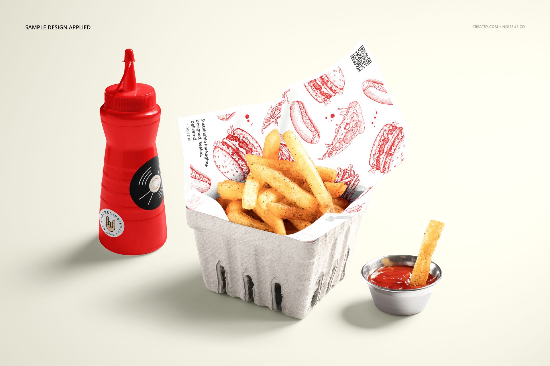 Front view of a food safe paper mockup with french fries in a tray, accompanied by a red condiment bottle and metal sauce cup.