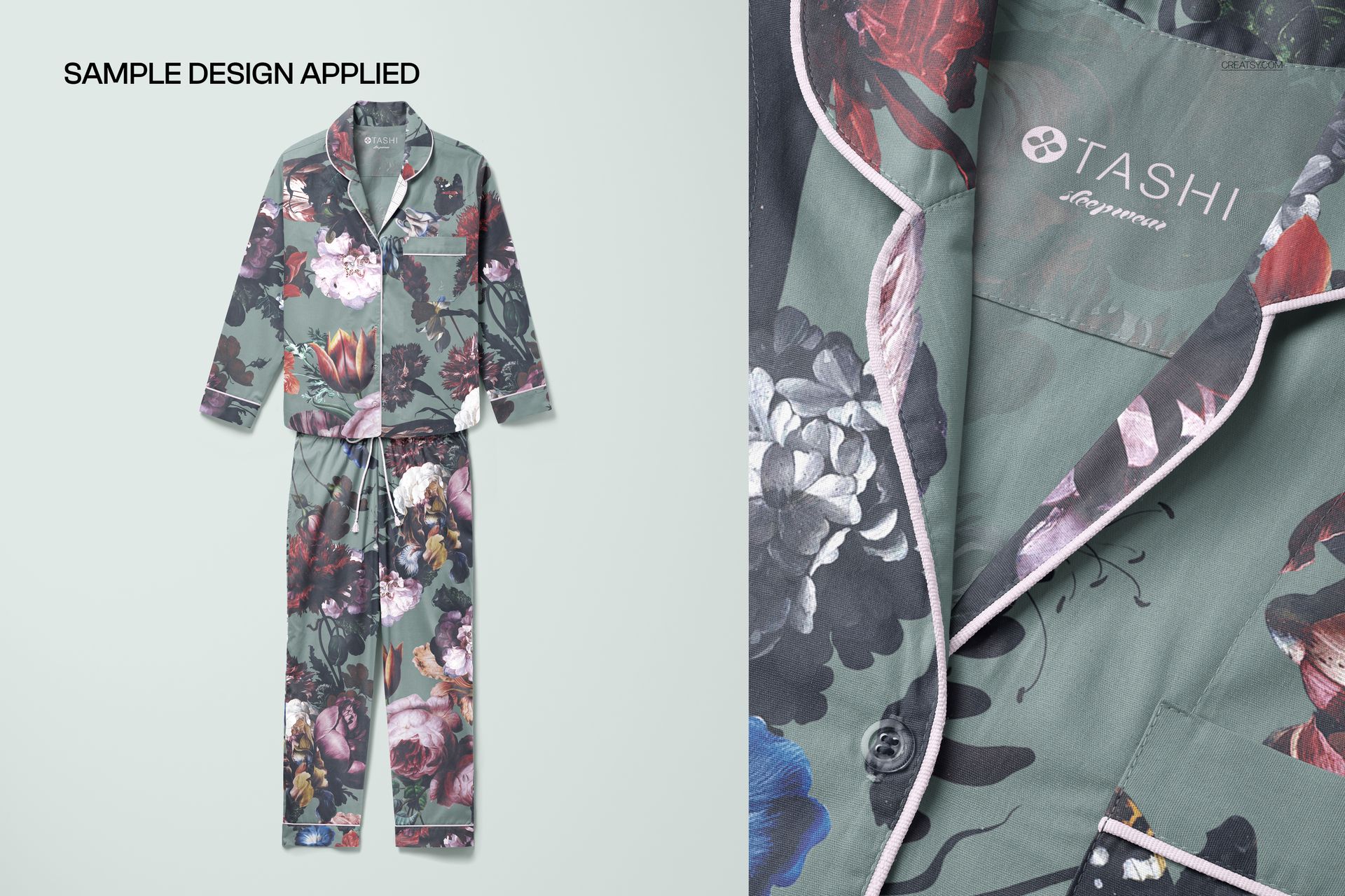 PSD mockup of a long-sleeve sleepwear set with botanical print, shown in full and with a zoomed-in collar section.