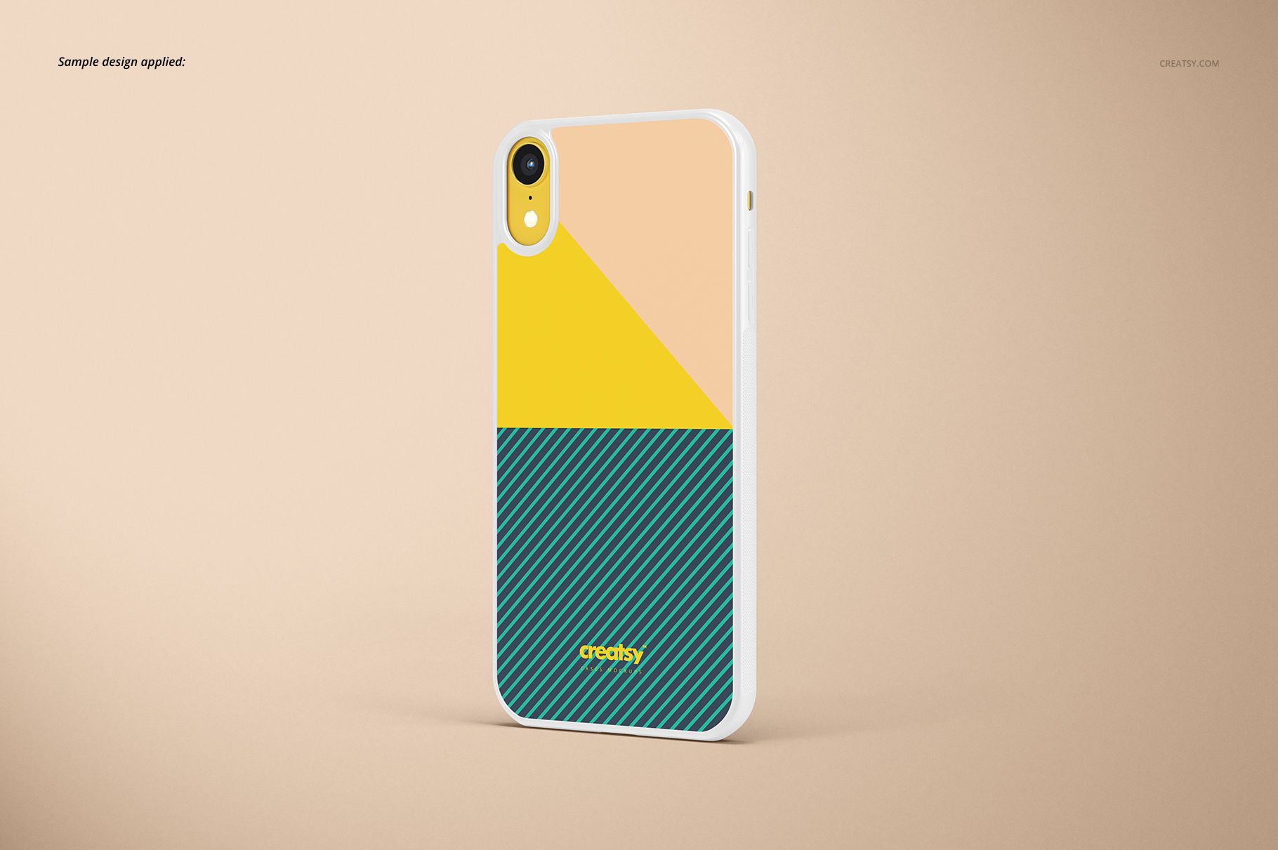 White iPhone XR case mockup with geometric pattern in yellow, peach, and teal, shown in angled front view.