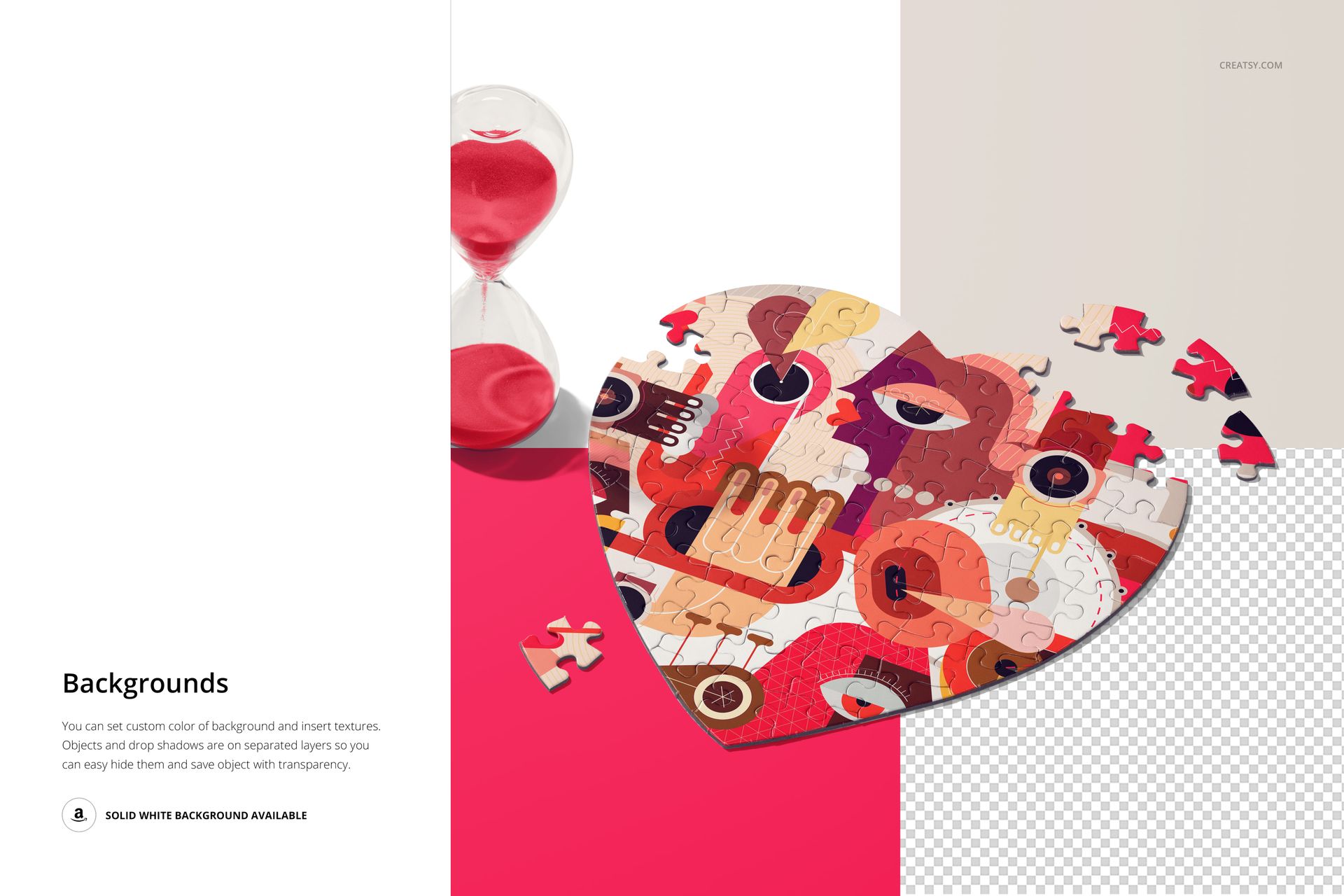Heart-shaped jigsaw puzzle mockup with colorful abstract face design, viewed from above on a split background.