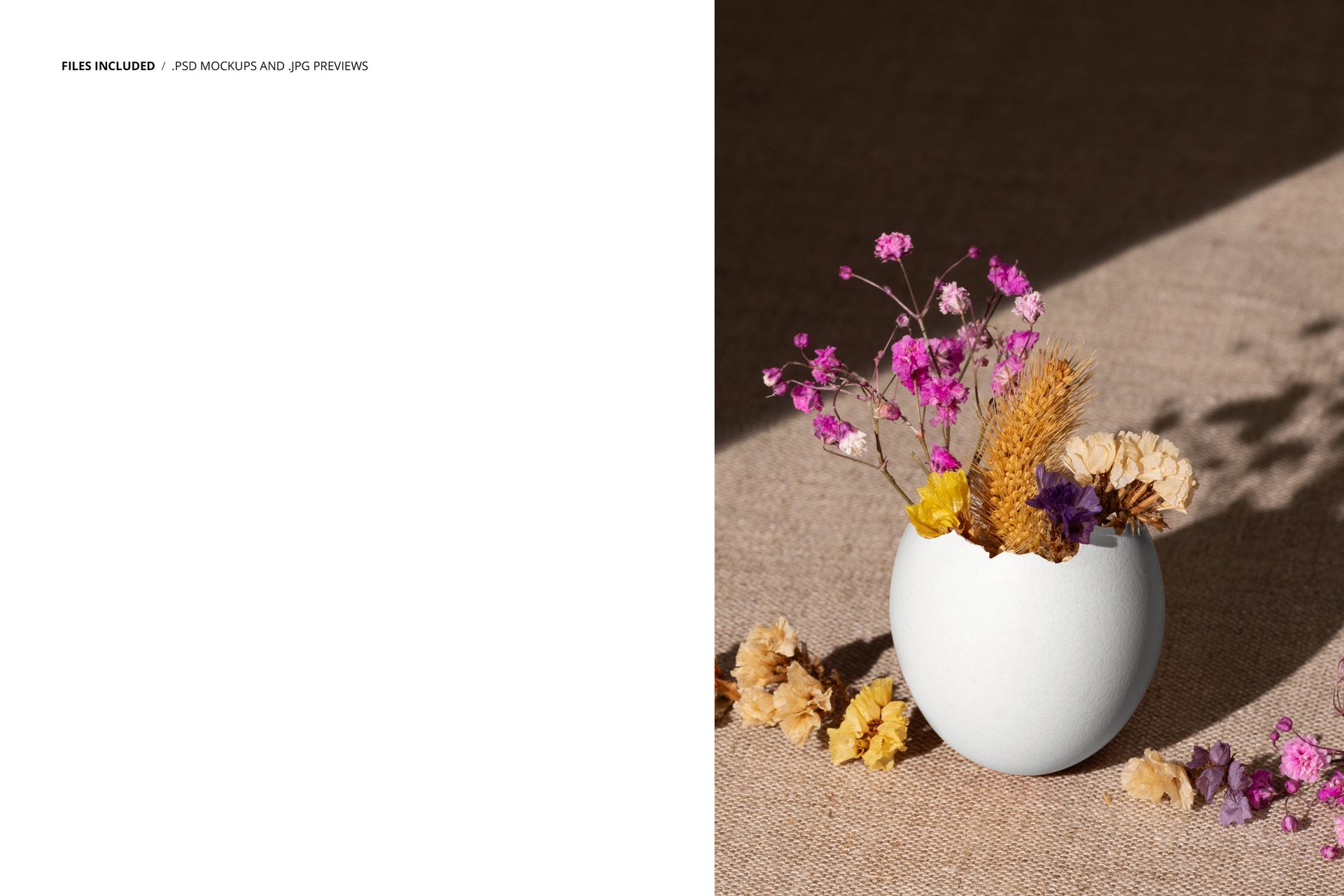 White eggshell mockup filled with dried pink flowers and wheat, placed on a textured beige surface in sunlight.