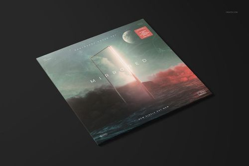 Front view of a translucent colored vinyl record mockup with a surreal ocean and sky design on the cover.