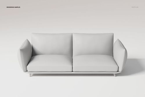 Front view of a linear modern sofa in light gray color, featuring clean lines and minimalist design against a plain backdrop.