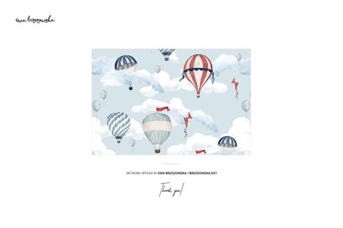 Bandana mockup featuring a playful sky-themed pattern with hot air balloons, kites, and clouds on a light blue background.
