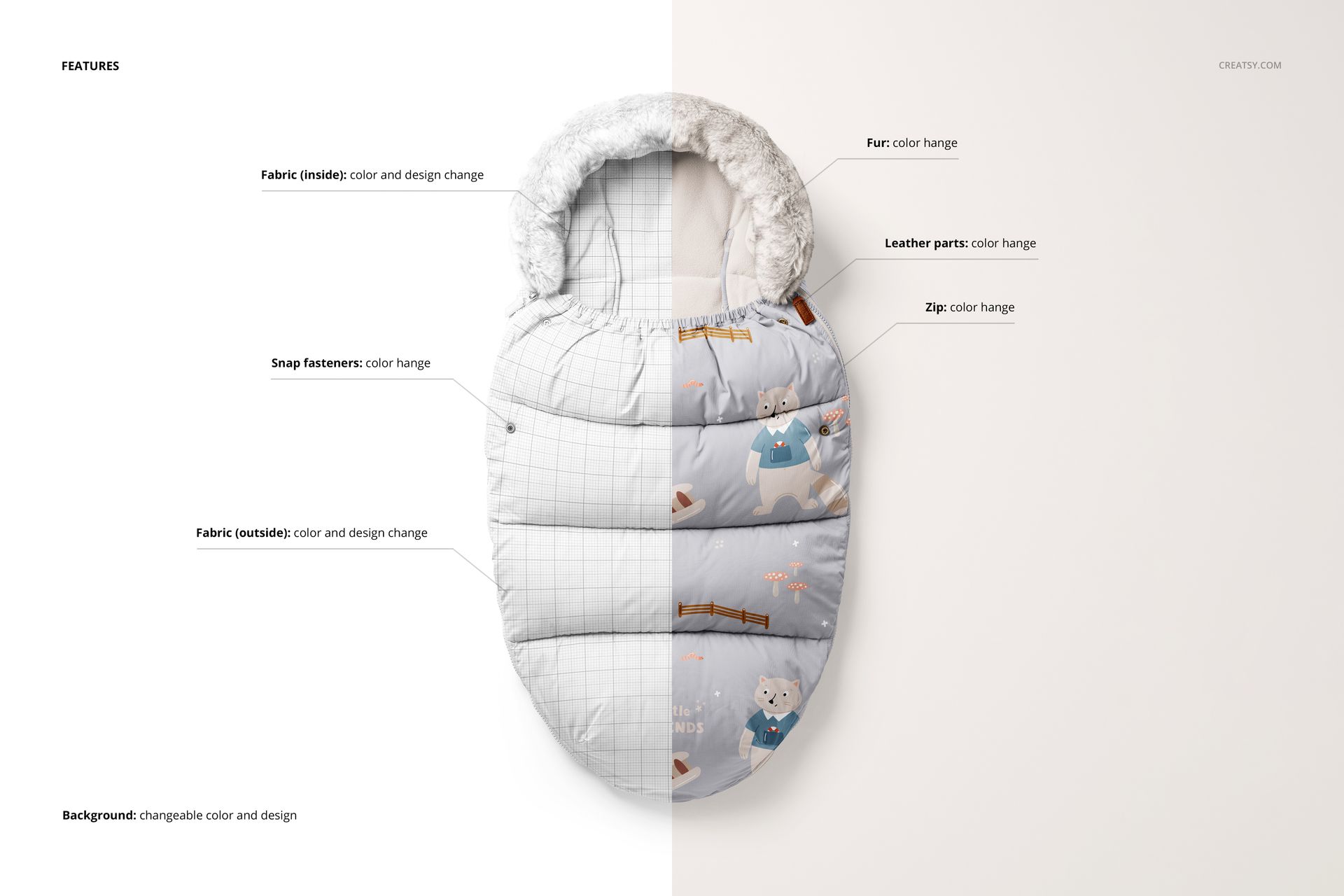Front view of a footmuff mockup with half in a light grid pattern and half in a playful animal print, on a neutral background.