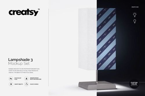 Front view of a tall rectangular lampshade mockup with blue stripes and white dots, placed on a gray base.