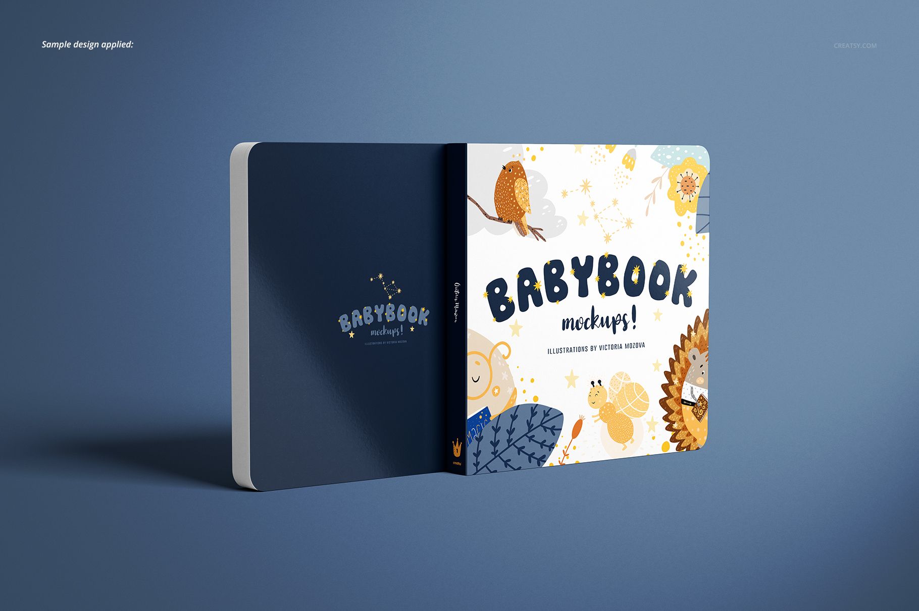Mockup of a cardboard baby book showing the cover with playful animal graphics and a dark blue back cover.