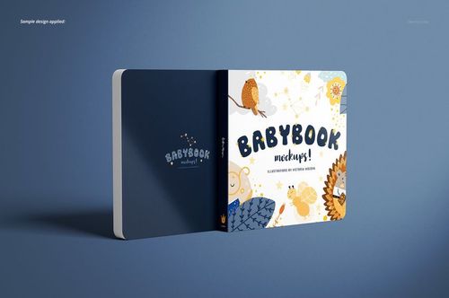 Mockup of a cardboard baby book showing the cover with playful animal graphics and a dark blue back cover.