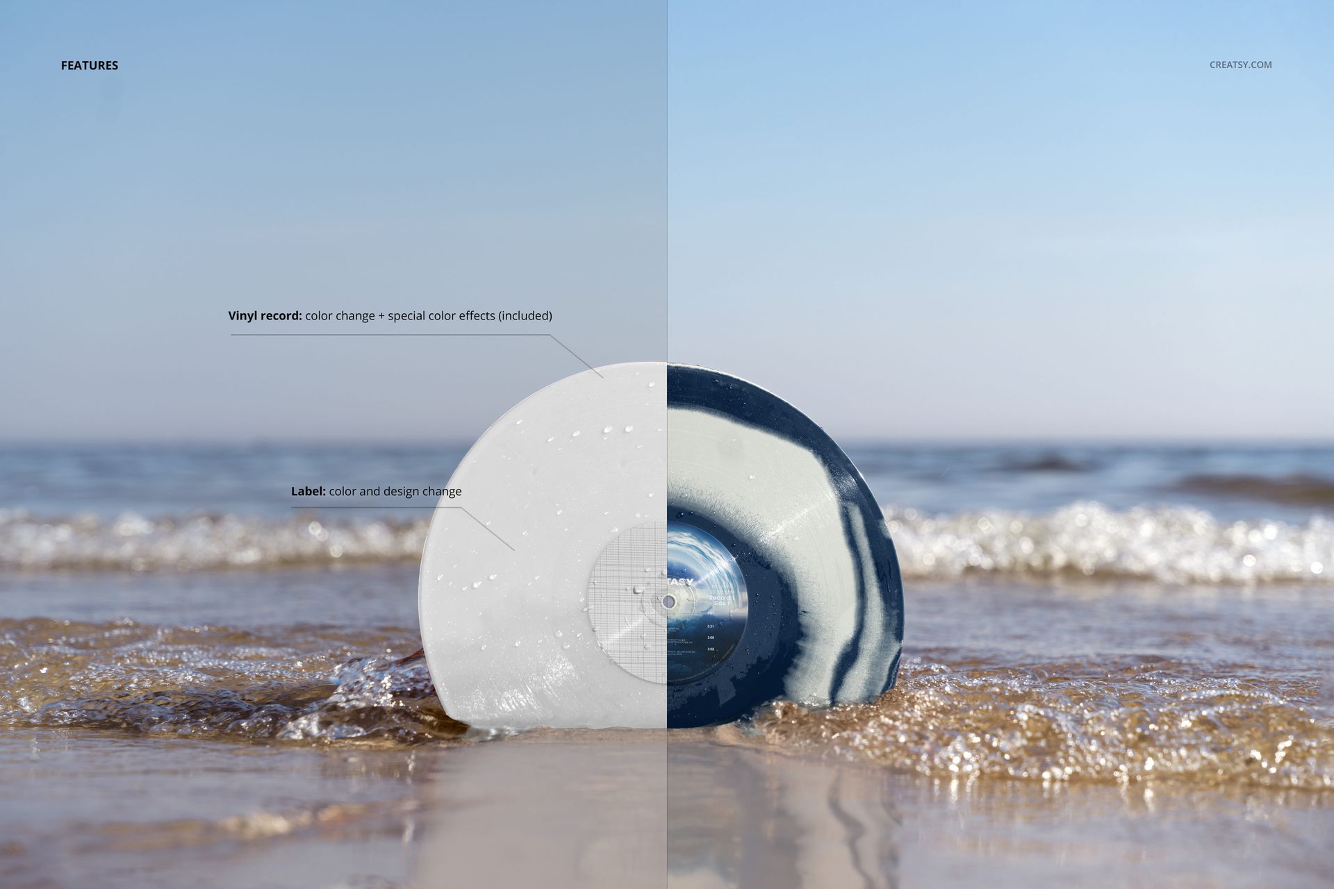 Mockup of a vinyl record in the sand at the edge of the ocean, showing label and color options, front perspective.