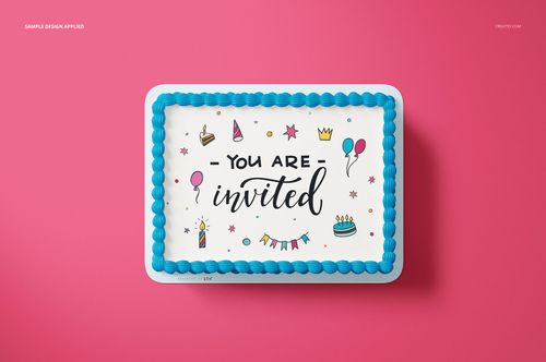PSD mockup of a rectangular cake with blue frosting, decorated with colorful party icons and invitation text.