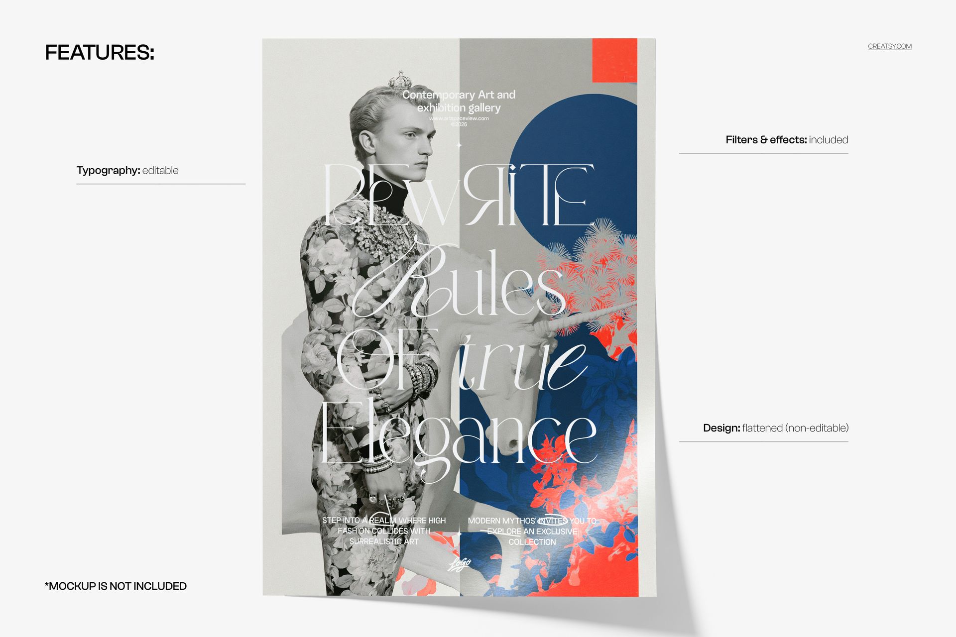 Poster mockup featuring a crowned prince in floral attire, grayscale portrait with bold blue and red accents, front view.
