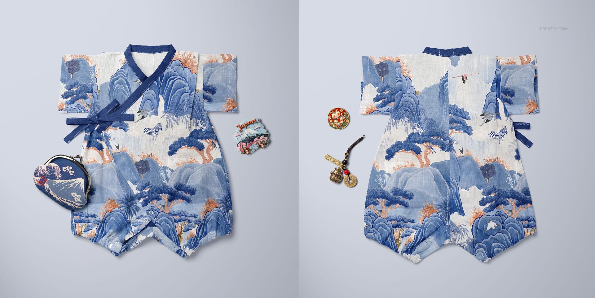 Front and back views of a Japanese-inspired baby romper mockup with scenic blue motifs, styled with matching props.