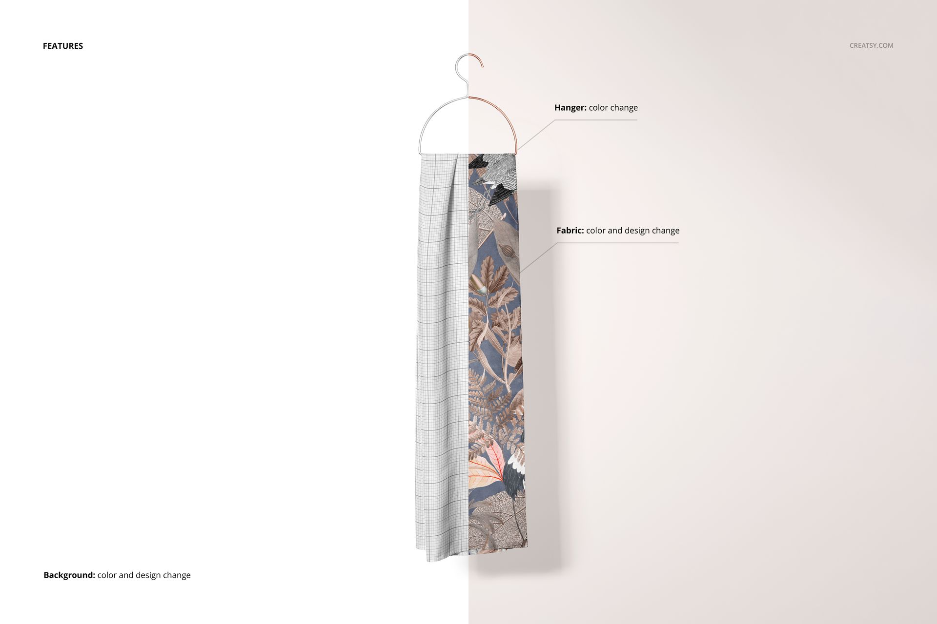 Silk scarf mockup hanging on a metal hanger, featuring a split design with grid and floral patterns, front view.