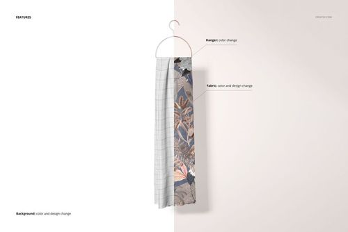 Silk scarf mockup hanging on a metal hanger, featuring a split design with grid and floral patterns, front view.