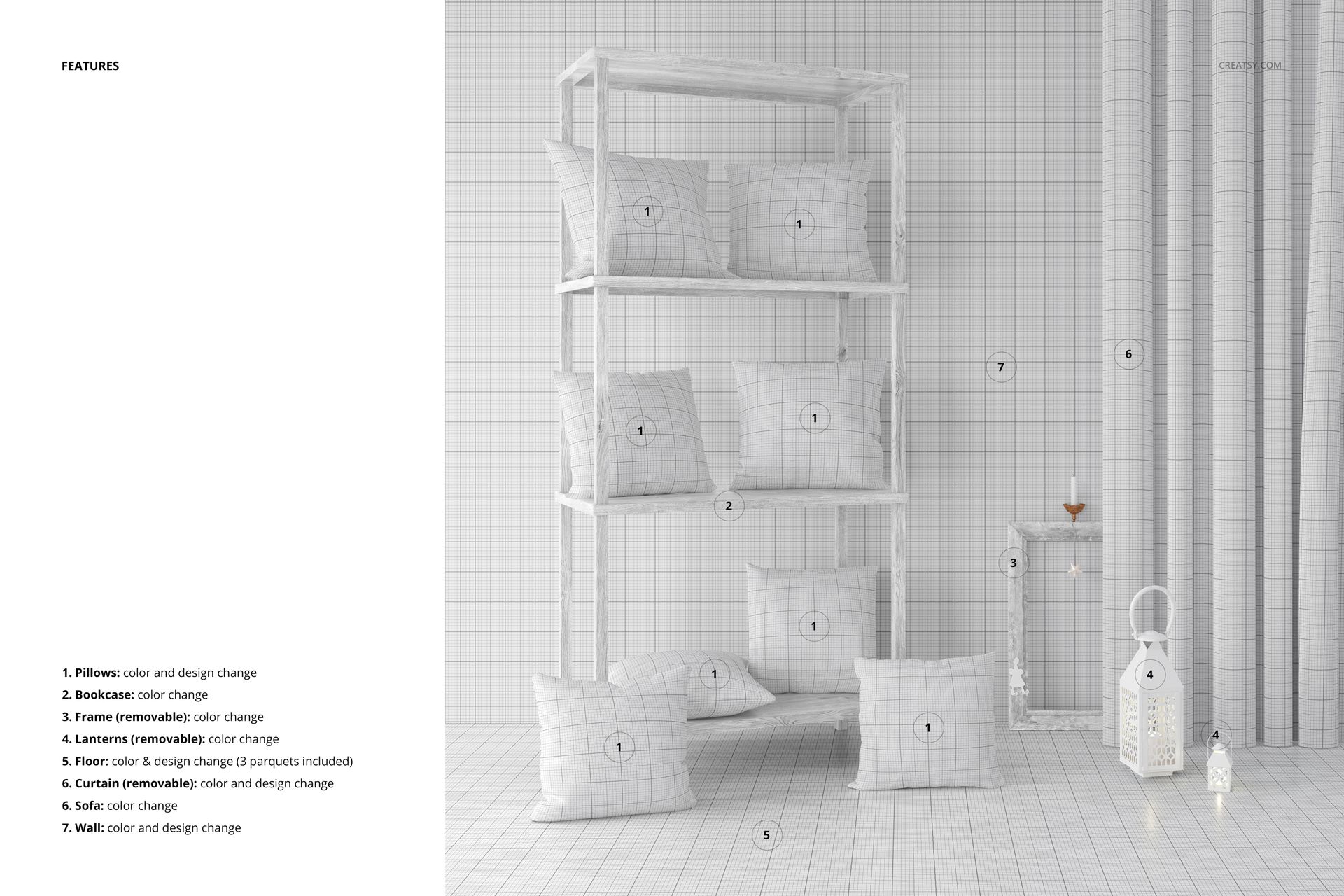 PSD mockup showing a modern interior with stacked pillows in a white grid design, surrounded by decorative accents.