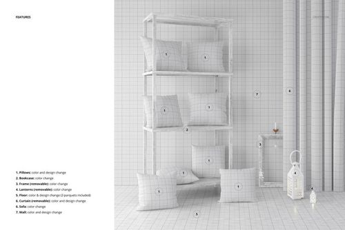PSD mockup showing a modern interior with stacked pillows in a white grid design, surrounded by decorative accents.