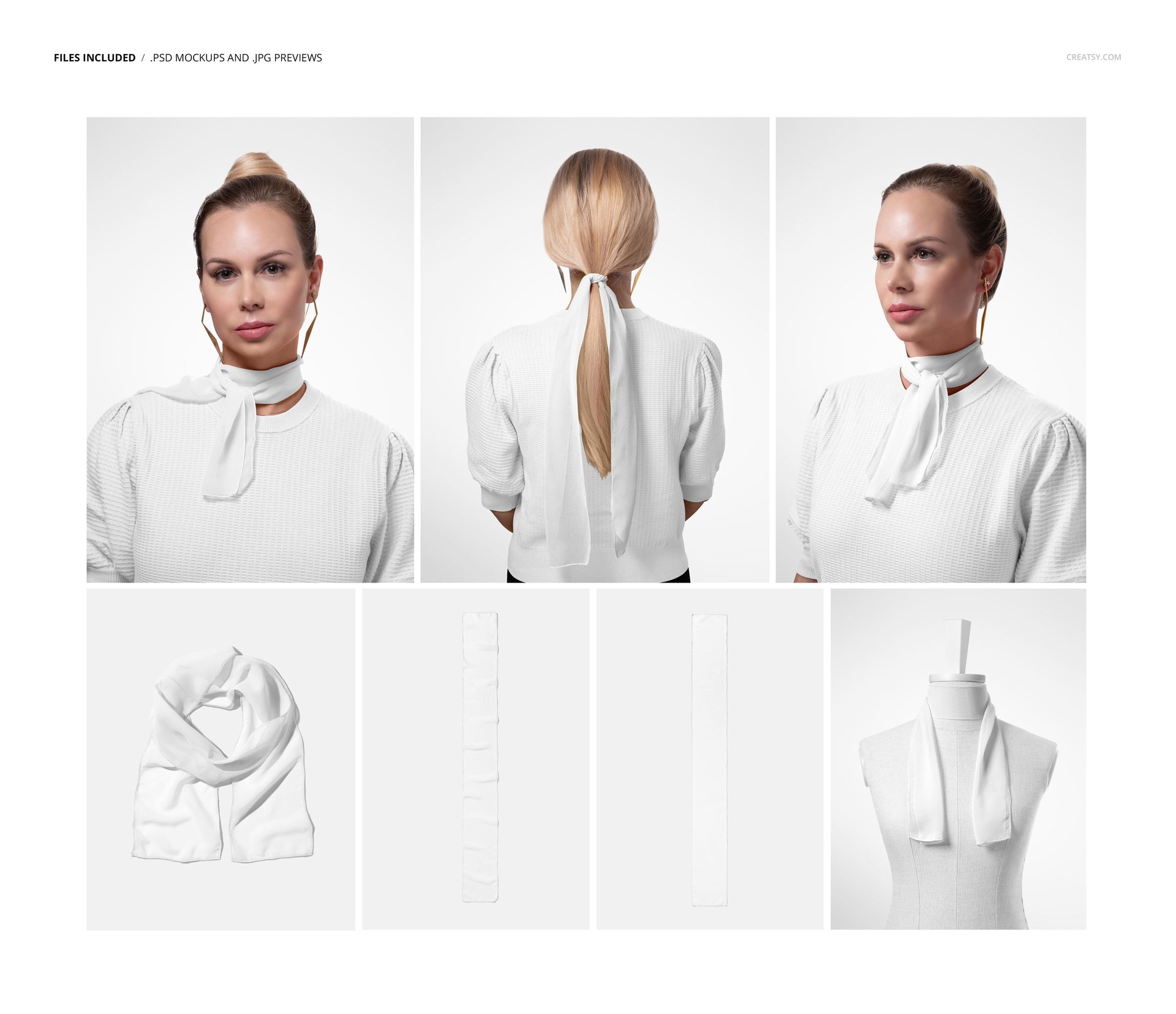 Long chiffon silk scarf in white, shown tied around the neck and styled on a mannequin, front and back views.