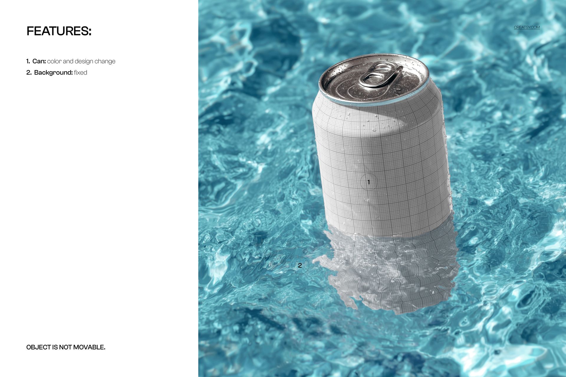 Soda can mockup half-submerged in clear sunlit water, with grid overlay on can, viewed from a front angle.