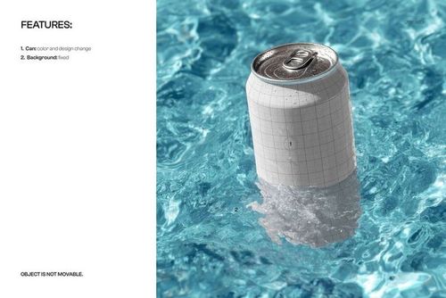 Soda can mockup half-submerged in clear sunlit water, with grid overlay on can, viewed from a front angle.