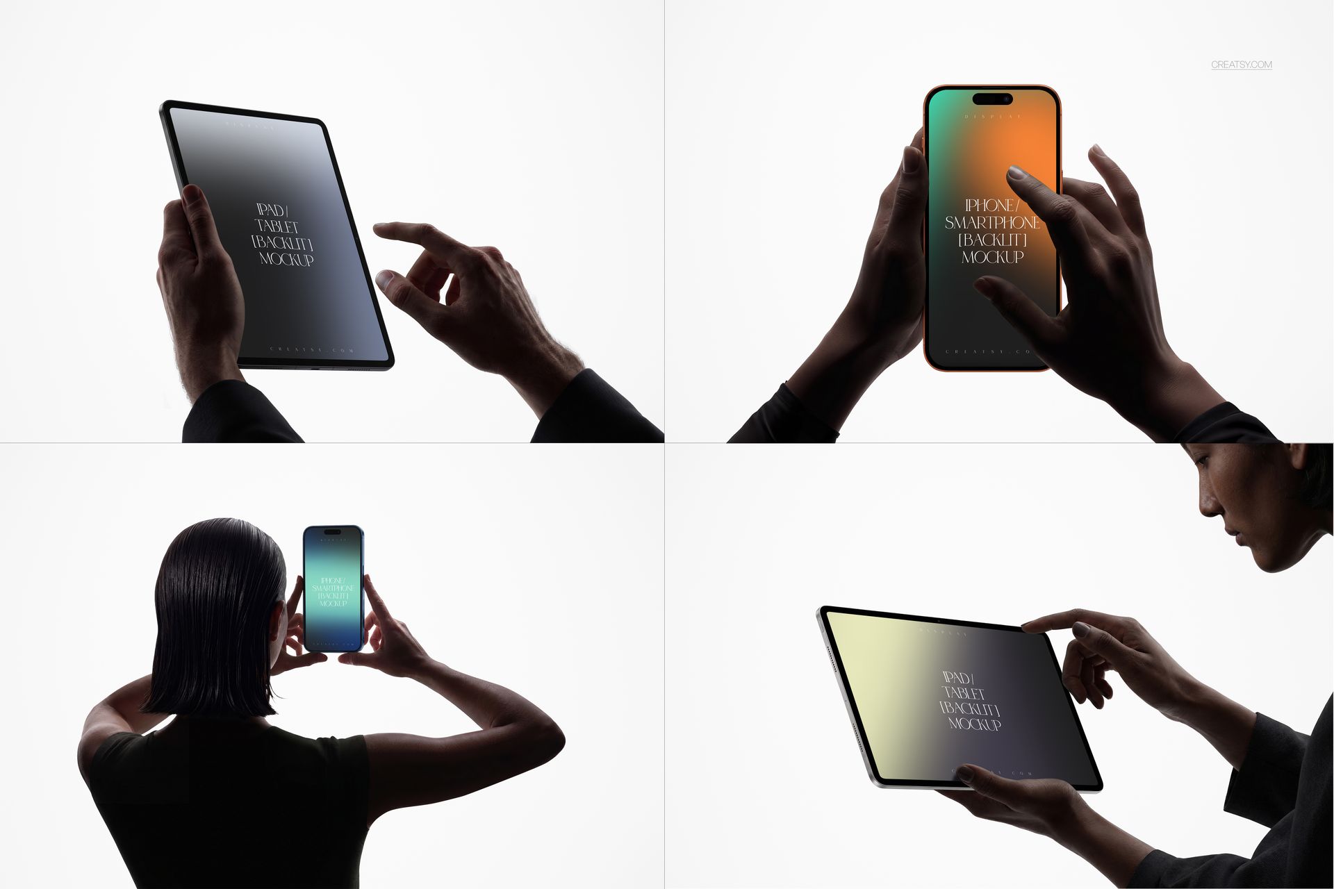 Silhouetted hands interact with an iPhone, iPad Pro, and laptop mockup against a white background.
