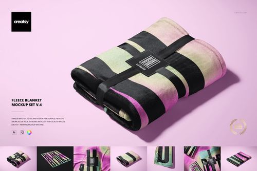 Rolled fleece blanket mockup featuring bold black and pastel gradient stripes, displayed with a product label on a pink background.