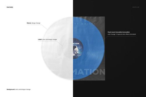 Mockup of a blue vinyl record with a visible label, placed inside a clear round bottom sleeve on a divided backdrop.