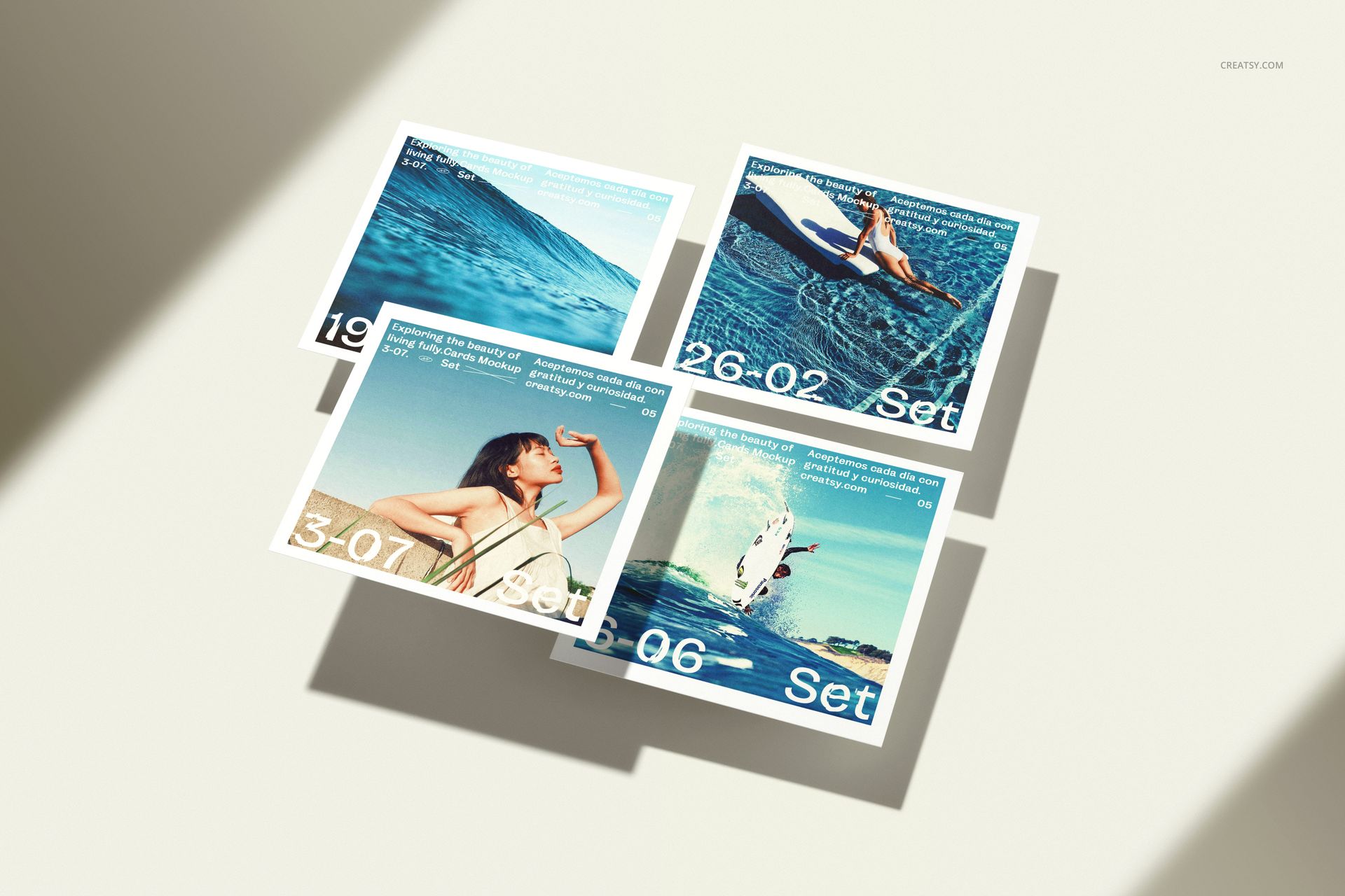 PSD mockup set showing four square prints with aquatic and surfing images, casting shadows on a pale surface.