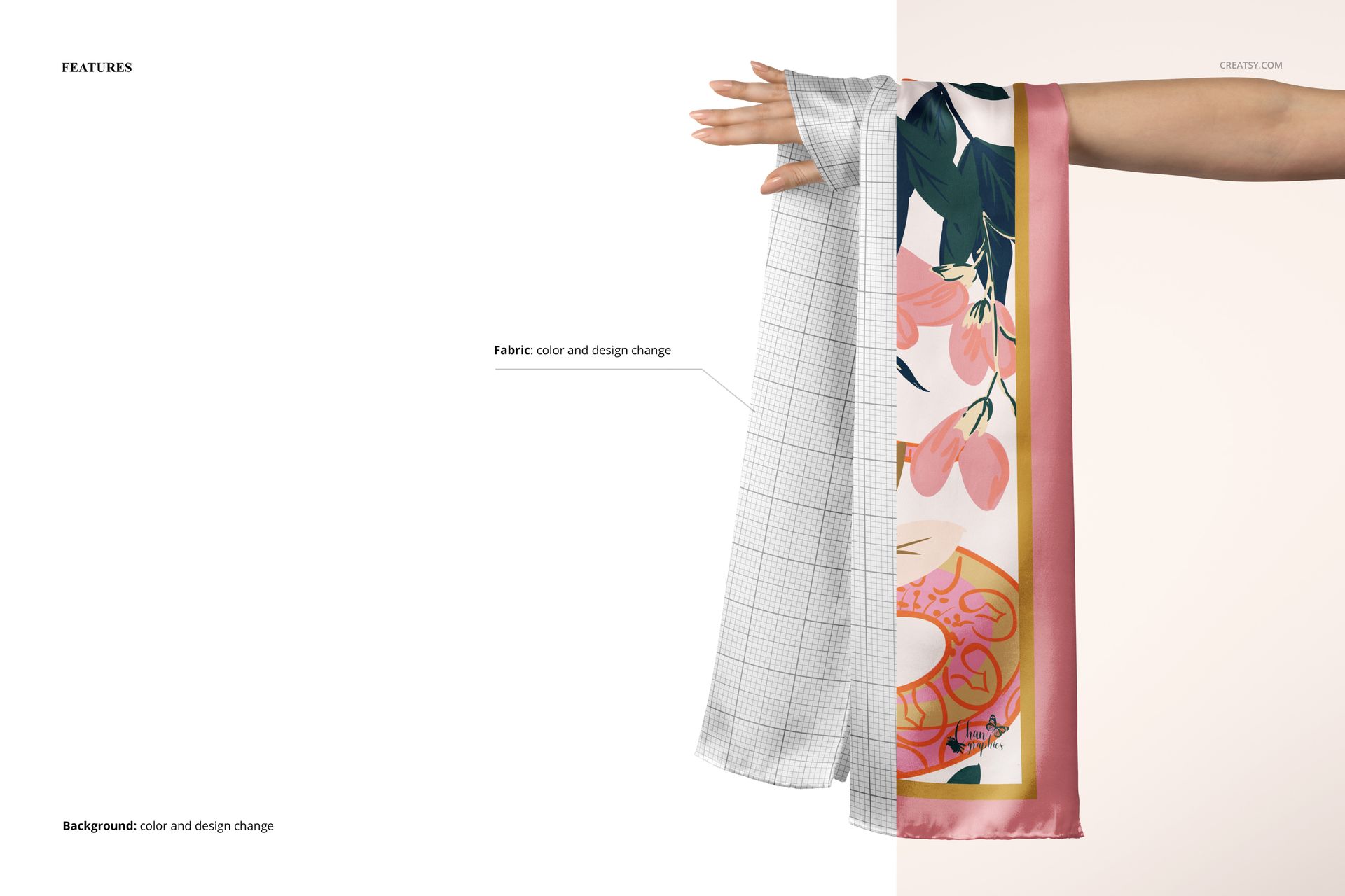 Silk scarf mockup draped over an outstretched hand, featuring a colorful floral pattern and grid design.