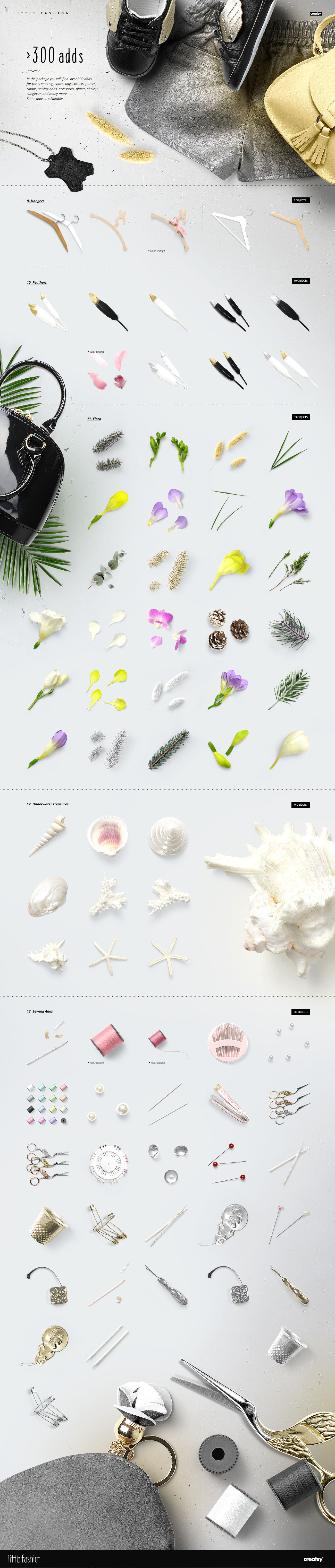 Flat lay of assorted kids apparel mockup props including shoes, flowers, shells, leaves, and accessories on white background.