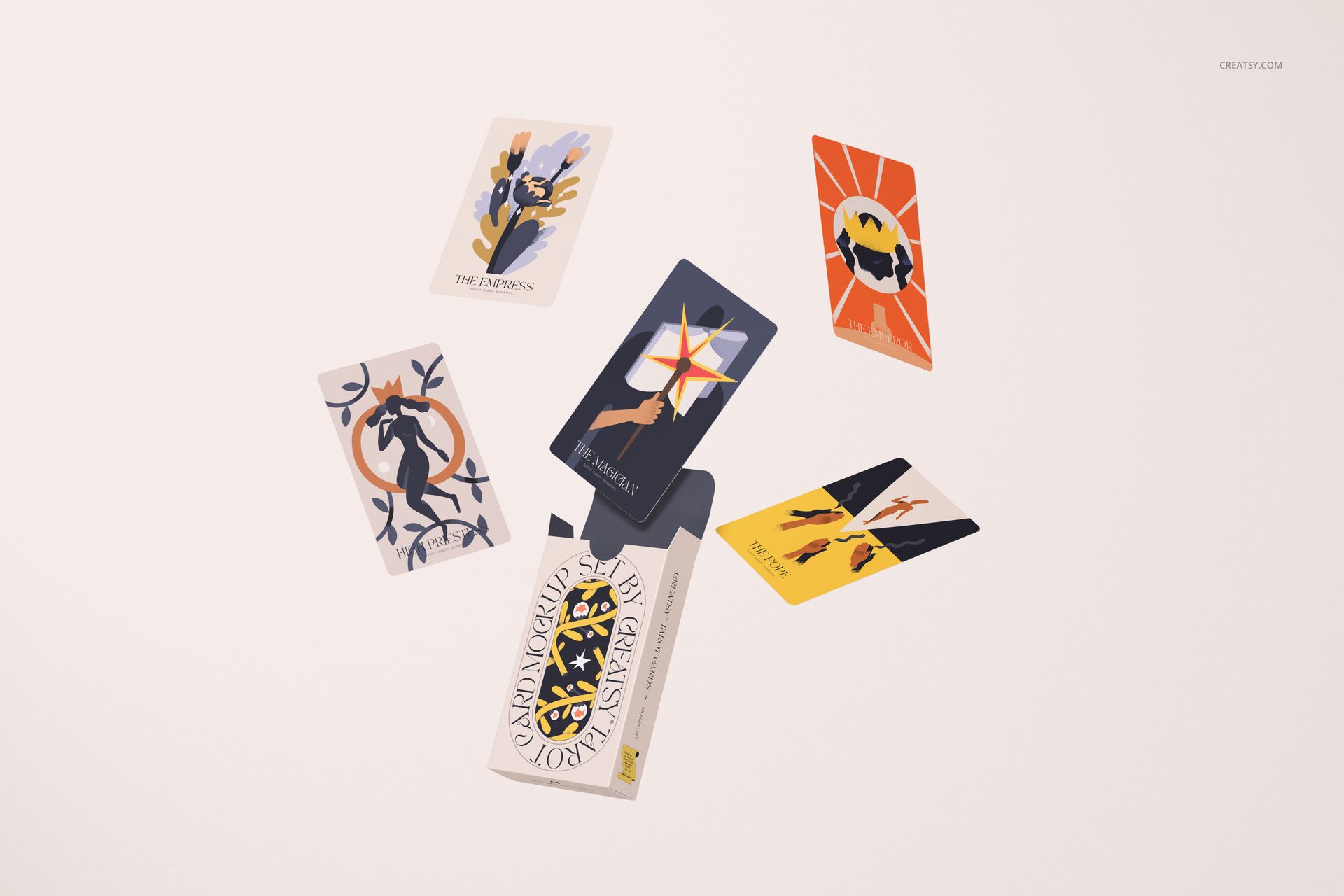Top view of multiple tarot cards with vibrant artwork and geometric patterns, displayed with a matching box, shown in a PSD mockup.