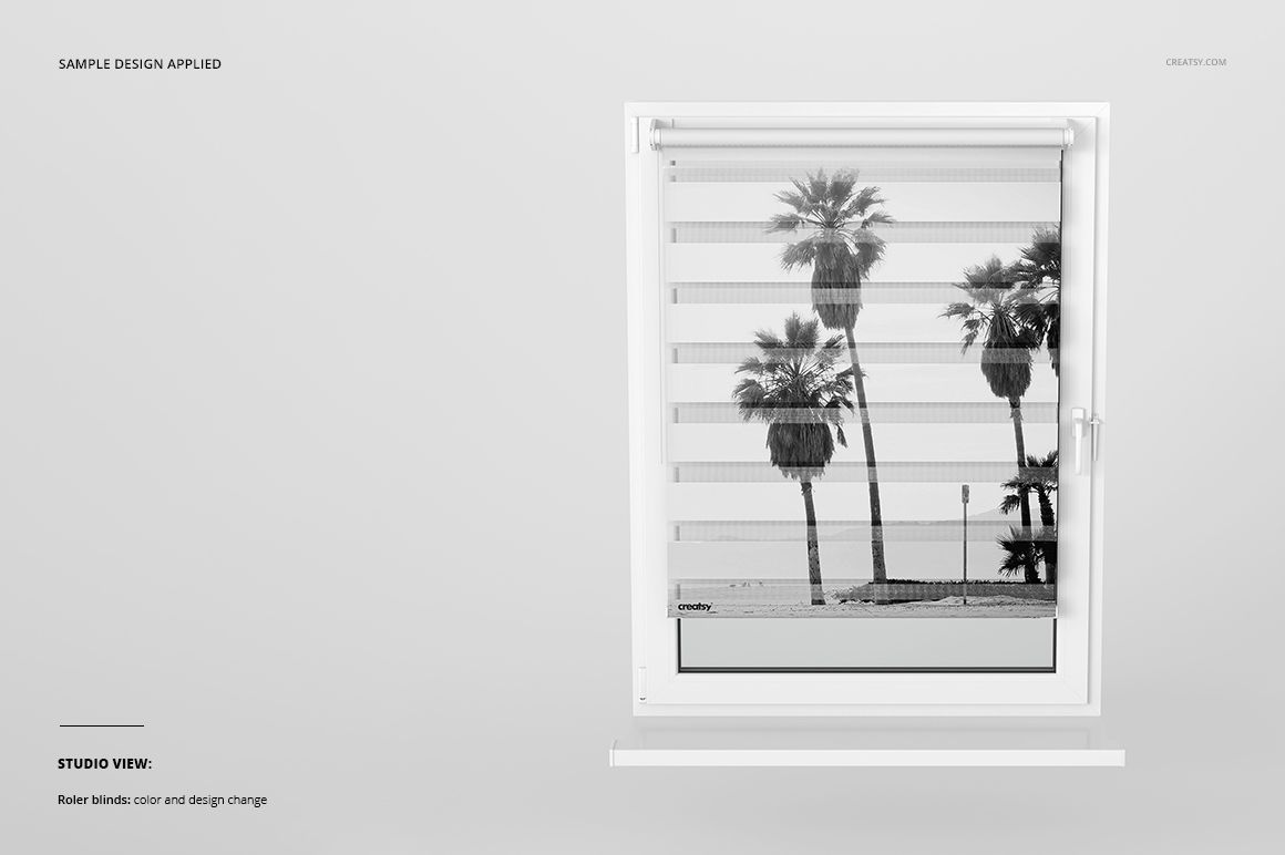 Roller blind mockup showing a window with striped curtain and monochrome palm tree pattern in a minimal room.