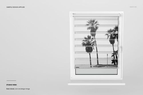 Roller blind mockup showing a window with striped curtain and monochrome palm tree pattern in a minimal room.