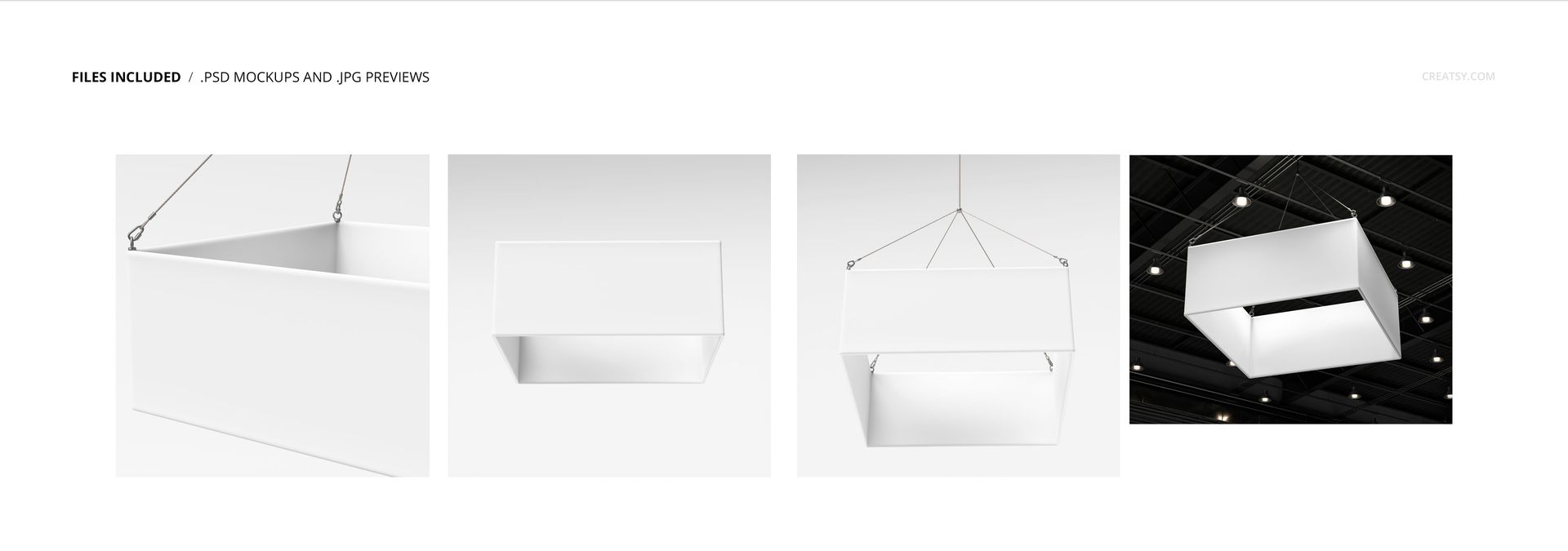 Large square hanging display banner mockup in white, shown from multiple angles in indoor settings with cable attachments.