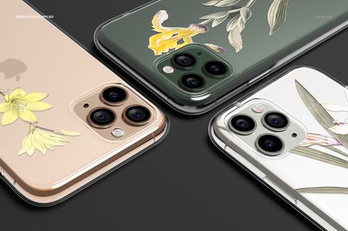 Angled view of three iPhone 11 Pro mockups with transparent cases and illustrated flower patterns.